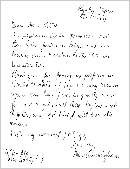 Dopis Merce Cunninghama Pavle Kotíkové ze 14. listopadu 1964